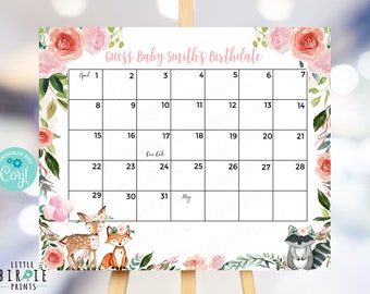 May include: A printable baby shower game with a floral border. The game asks guests to guess the baby's birthdate. The calendar is for April and May. The game features a cute deer and fox illustration.