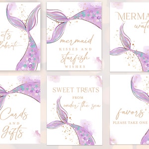 Pack de signes de fête d’anniversaire de sirène, Queue de sirène violette Cartes de bienvenue et cadeaux, Signe de faveur de fête, Gâteries Shellabrate