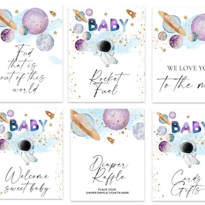 SPACE baby shower signs Food Drinks Welcome Party Favors etc. Outer Space Astronaut baby shower balloons blue set of signs cards gifts