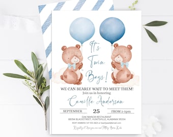 Twin boys Baby Shower Invitation Boy Bear Blue Balloons Baby shower invitation PDF Printable Invite We can bearly wait Twin baby shower