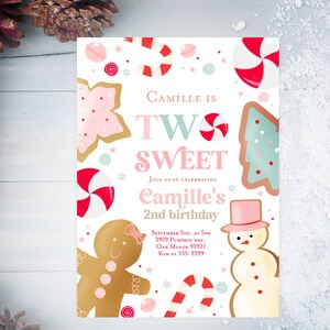 Two sweet cookie invitation, Girl Christmas cookie first birthday invitation, cookies candy invitation gingerbread candy cane snowman baking