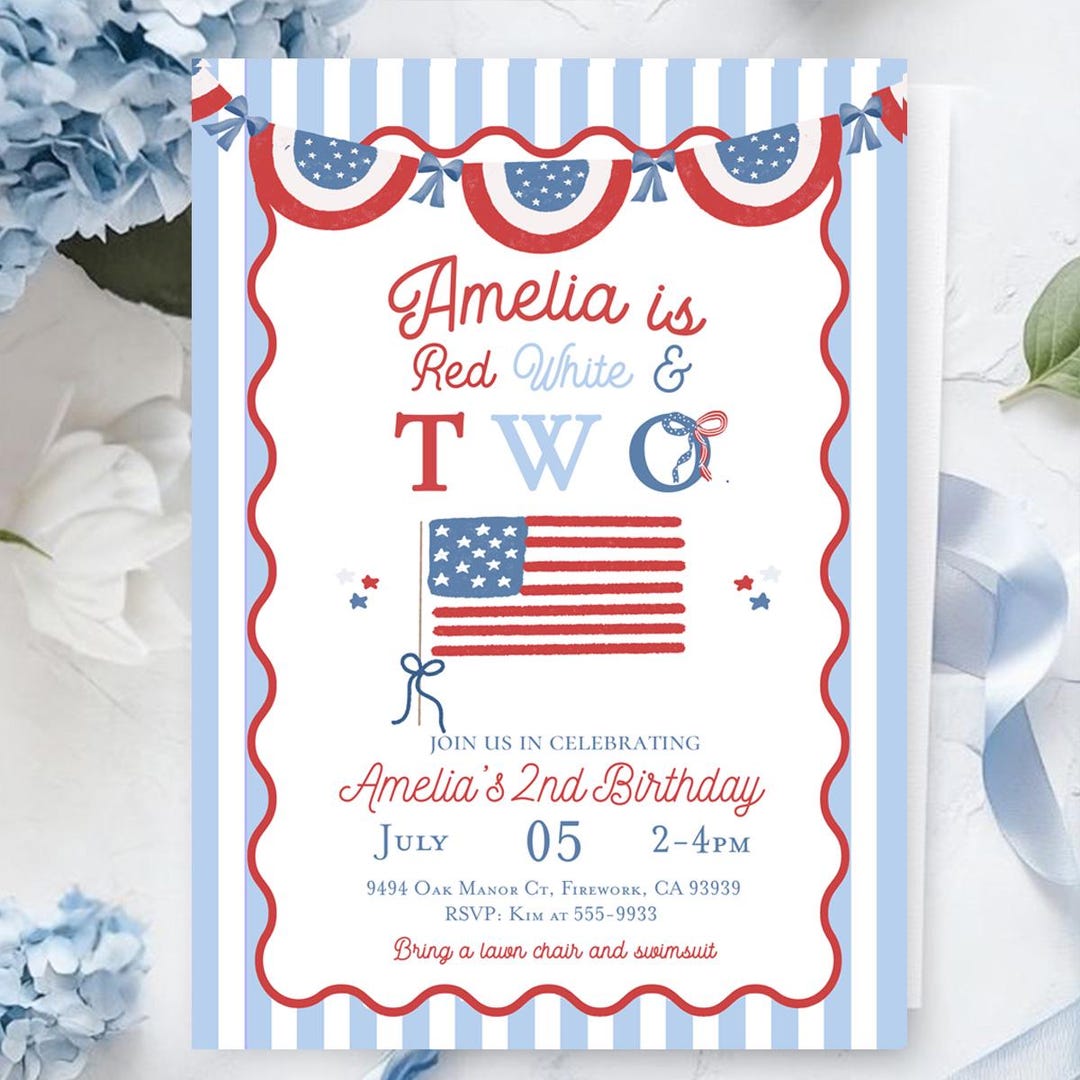 Red White and Two Birthday Invitation Red White and Blue 2nd Birthday ...