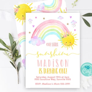 Sunshine rainbows invitation Sunshine and rainbows birthday invitation Rainbow first birthday Watercolor sunshine party 1st Birthday any age