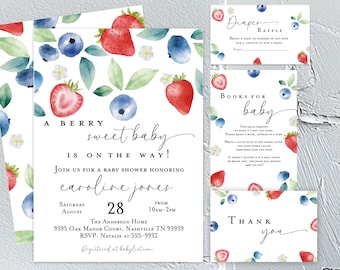 Berry baby shower invitation Blueberry strawberry berry sweet baby shower invite books for baby thank you diaper raffle red white blue