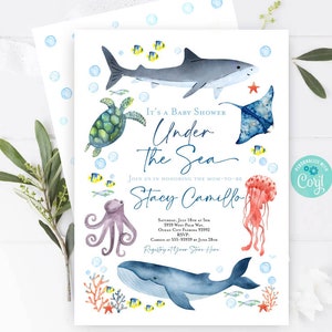 Under the sea baby shower invitation, boy under the sea baby shower printable editable invitation template, Dolphin whale summer