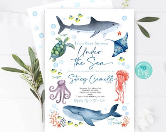 Einladung zur Babyparty „Unter dem Meer“, druckbare und bearbeitbare Einladungsvorlage für eine Babyparty mit dem Motto „Unter dem Meer“ für Jungen, Delfin-Wal-Sommer