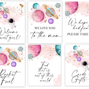 Girl OUTER SPACE Baby Shower Deko SCHILDER, Rosa Planeten Weltraum Rakete Sprengstoff Ab zum Mond Essen Getränk Willkommen BabyParty Gastliebe