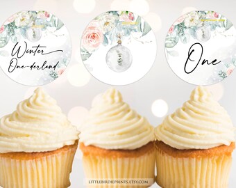 WINTER ONEDERLAND Cupcake toppers, Snowflake first birthday winter first birthday decorations, Snow pink flowers ornament, Blush pink