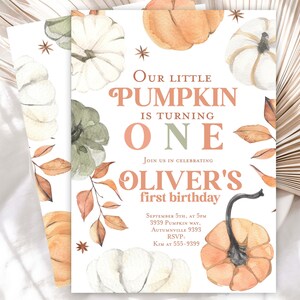 パンプキンの最初の誕生日の招待状私たちの小さなパンプキンは1歳になります、パンプキンの最初の誕生日パーティーのインスタントダウンロードテンプレート編集可能
