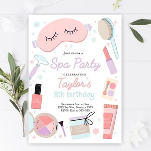 Spa birthday party invitation, Makeup birthday party mani pedi birthday invitation, Sleepover invitation spa party printable glam manicure