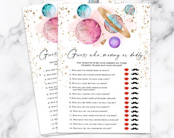 Pink Space Baby shower guess who mommy or daddy, Girl Baby Astronaut Planets Space baby shower game guess who game Planets