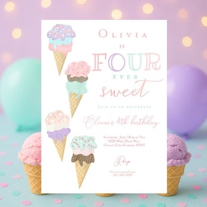 Four ever sweet ice cream invitation, Ice cream 4th birthday party, Fourth birthday invitation Ice cream truck party sprinkles ice cream bar