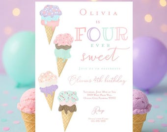 May include: A birthday party invitation with ice cream cone illustrations and the text "Olivia is Four Ever Sweet." The invitation includes the date, time, and location of the party, with an RSVP section.