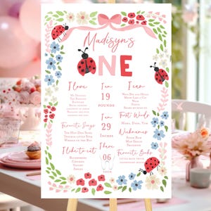 Könnte beinhalten: Dekoratives Schild für einen ersten Geburtstag, mit einem rosa und roten Farbschema mit floralen und Marienkäfer-Akzenten. Das Schild enthält den Namen "Madisyn's" und die Zahl "ONE" sowie Details zu den Vorlieben und Meilensteinen des Kindes.