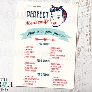 May include: A printable game card with a retro illustration of a woman with a red headband and red lipstick. The text reads "Perfect Housewife" and "What is in your purse?" The card lists items commonly found in a purse and assigns points to each item.
