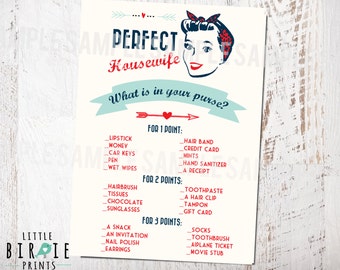 Bridal Shower Game What's in your purse - Housewife Retro 1950's Perfect Housewife 50's Domestic Kitchen Bridal Shower Invitation to match