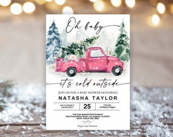 Winter Baby shower invitation Pink truck, Baby it's cold outside baby shower invitation, It's a girl winter Christmas trees invite snowflake