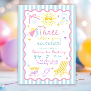 May include: A summer-themed invitation with a light blue and white striped background. The invitation features the text "Three cheers for summer!" and details for a birthday party, including the date, time, and location. The design includes illustrations of a sun, beach ball, and sunglasses.