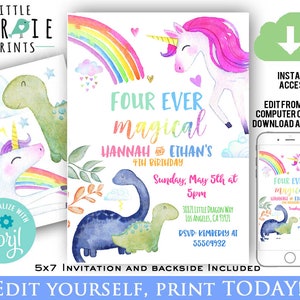 UNICORN Dinosaur Birthday invitation Dinosaur and UNICORN Invitation Unicorn and Dino invitation Dual Siblings Boy Girl Four ever magical