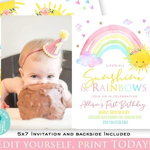Sunshine rainbows invitation Sunshine and rainbows birthday invitation Rainbow first birthday Watercolor sunshine party 1st Birthday any age