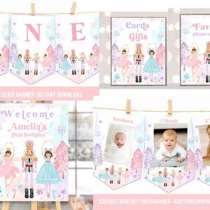 May include: A set of printable party decorations featuring a nutcracker and ballerina theme with pink and blue colors. Includes a banner spelling ONE, signs for Cards & Gifts and Favors, a Welcome sign for Amelia, and a monthly photo banner.