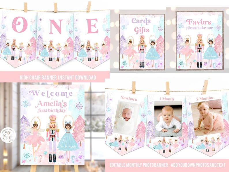 May include: A set of printable party decorations featuring a nutcracker and ballerina theme with pink and blue colors. Includes a banner spelling ONE, signs for Cards & Gifts and Favors, a Welcome sign for Amelia, and a monthly photo banner.
