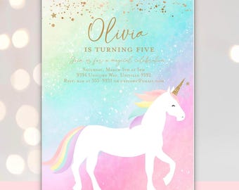 Einhorn-Einladung, Vorlage für eine Einhorn-Geburtstagseinladung, Regenbogen-Einhorn-Geburtstagseinladung, minimalistische moderne Regenbogen-Einladung