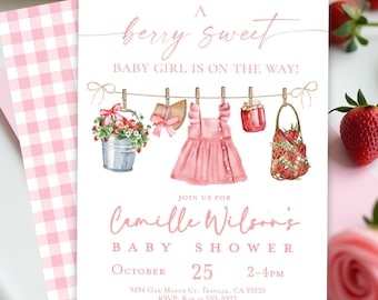 May include: A baby shower invitation with a berry theme. The invitation features watercolor illustrations of a pink dress, a bucket of strawberries, and a jar of jam. Text reads "A berry sweet baby girl is on the way!" and details for Camille Wilson's baby shower.