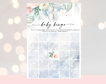 Winter bridal shower game Baby bingo , Christmas bridal shower game, Winter greenery pink blush watercolor Girl game flowers baby bingo