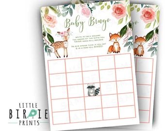 Girl Woodland Baby BINGO game. Boho woodland baby shower game Watercolor Flowers It's a girl shower game Deer Fox Raccoon Instant download