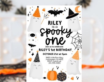 Spooky One Halloween Ghost 1st Birthday Party Invitation Editable, Blue Ghost First Birthday Spooktacular 1st Birthday Instant download