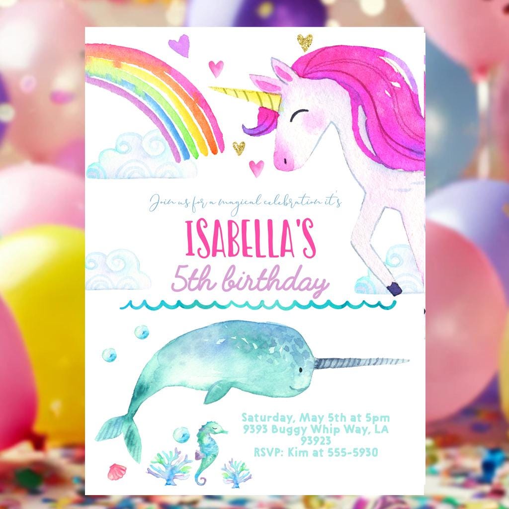 Unicorns and Narwhals birthday party invitation, Magical celebration invitation, Rainbow Dual birthday Unicorn and Narwhal printable digital