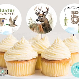 HUNTING FISHING BIRTHDAY cupcake toppers Camping decorations Campfire bonfire Fishing outdoor party decor, Deer fish ducks the south