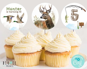 HUNTING FISHING BIRTHDAY cupcake toppers Camping decorations Campfire bonfire Fishing outdoor party decor, Deer fish ducks the south