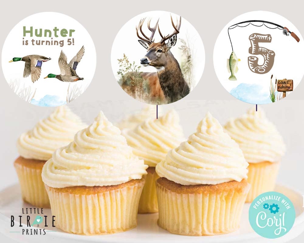 HUNTING FISHING BIRTHDAY Cupcake Toppers Camping Decorations Campfire  Bonfire Fishing Outdoor Party Decor, Deer Fish Ducks the South -  Canada