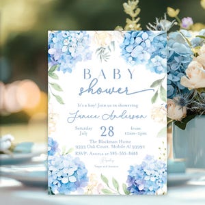 Blue Hydrangea Baby shower invitation, Boy Blue baby shower invitation flowers blooms summer blue white baby shower invitation, tea brunch