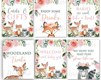WOODLAND Baby Shower Decorations SIGNS // boho Girl Woodland Baby Shower Fox Deer Instant Download // Food Drink Welcome Baby Shower Signs