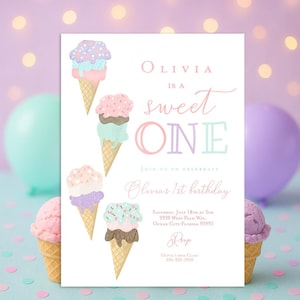 May include: A pink, purple, and green ice cream cone birthday party invitation with the text "Olivia is a sweet one" and details for a party on July 18th at 5pm.