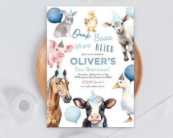 Farm animals birthday party invitation Boy Farm 1st birthday, Cow Horse Duck Bunny invitation, Party animals Blue farm invitation, Barn