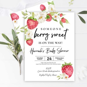 Strawberry baby shower invitation, Berry sweet baby shower invitation, Summer baby shower invitation printable template editable berry