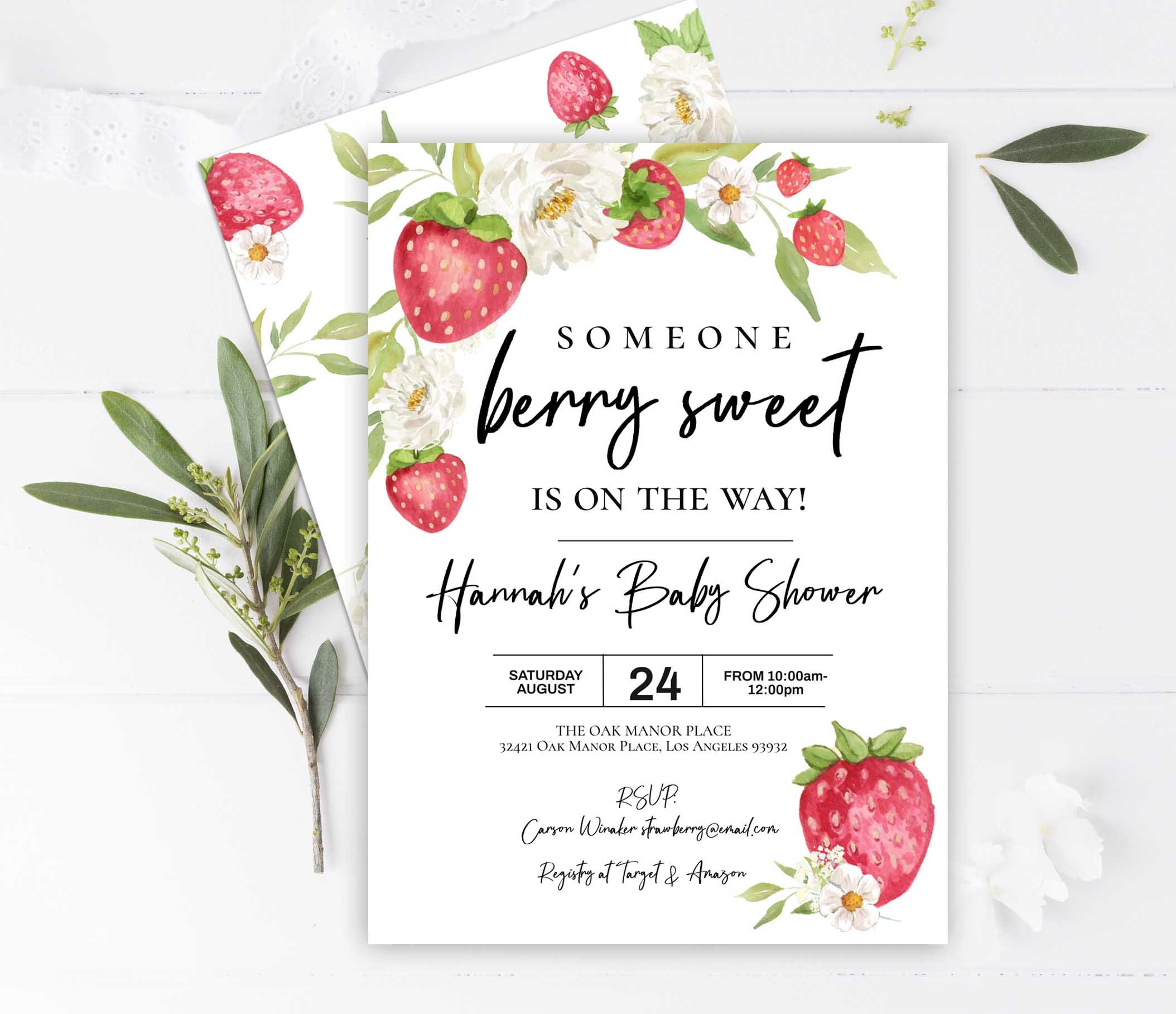 Strawberry Baby Shower Invitation, Berry Sweet Baby Shower