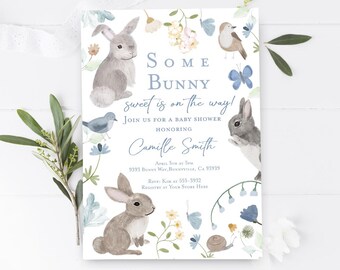 May include: A baby shower invitation featuring a watercolour illustration of bunnies, birds, and flowers. The text reads "Some Bunny sweet is on the way!" and includes details for the event, such as the date, time, location, and RSVP information.