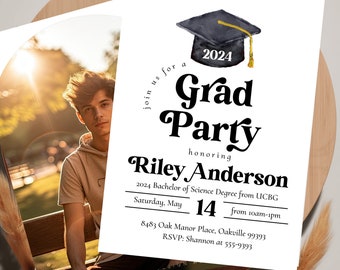 Graduation party invitation 2024, Grad party invitation 2024 printable, Graduation hat celebration instant download invitation 2024 boy