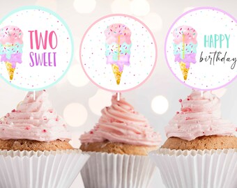 TWO SWEET birthday party ice cream cupcake toppers Favor tags Ice cream party birthday 2nd birthday party First birthday instant download