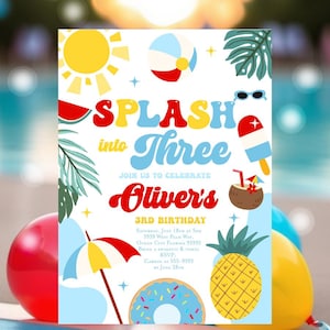 May include: A colorful invitation for a third birthday party with a summer theme. The design includes a sun, beach ball, watermelon, sunglasses, popsicle, coconut drink, pineapple, donut, and an umbrella. The text reads "Splash into Three" and "Oliver's 3rd Birthday".