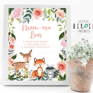 Ragazza Woodland Baby shower Momosa bar Mom-osa bar sign Mimosa bar sign Boho woodland flowers baby shower sign Mom-osa bar Download istantaneo