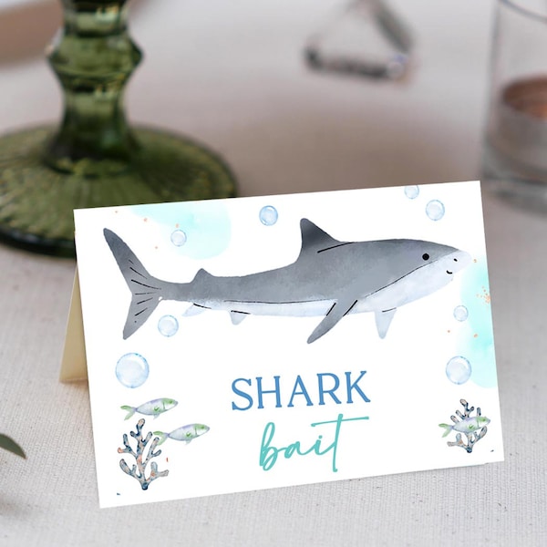 Shark buffet cards,  Shark birthday party decorations Under the sea buffet cards food tents, Oneder the sea, Shark party food signs