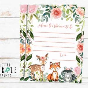 Girl Woodland Baby shower Conselhos para a futura mamãe Cartões de conselhos Boho woodland baby shower game Aquarela Flores Download instantâneo