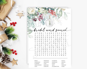 Winter bridal shower word search party game, Christmas bridal shower red and green greenery botanicals, Pine trees, snow bridal shower