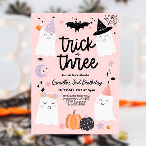 Trick oder drei Halloween-Geist 3. Geburtstagsfeier-Einladung bearbeitbar, Geist-3.Geburtstag Spooktacular 3.Geburtstag laden rosa Mädchen ein
